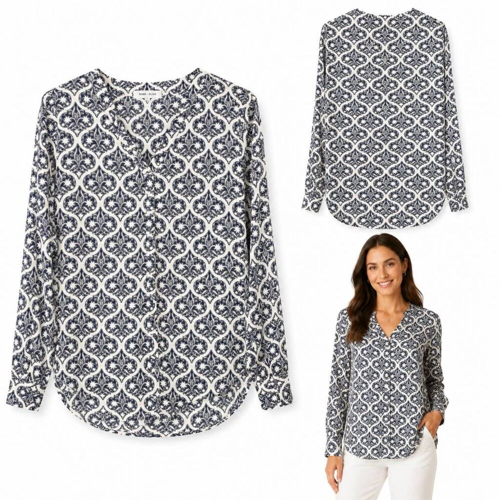 Rose + Olive Medium Navy White Medallion Blouse Top